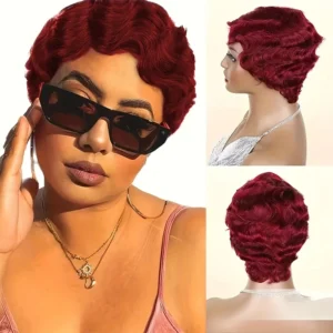 Blonde Burgundy Short Pixie Cut Wigs For Black Women Wig Brazilian Human Hair Wigs Finger Ocean Wave Wig Machine Made