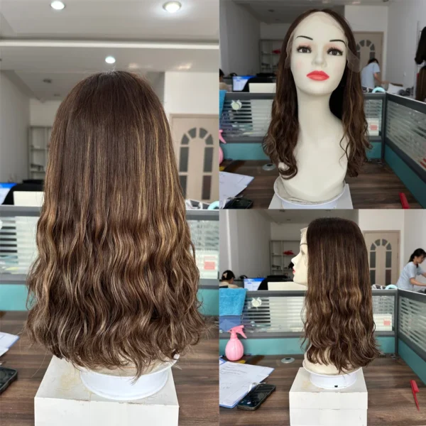 No Layer Human Hair Lace Top Wig European Wave Honey Brown Blonde Highlight Lace Top Jewish Wigs For Women Middle Part Lace Wig